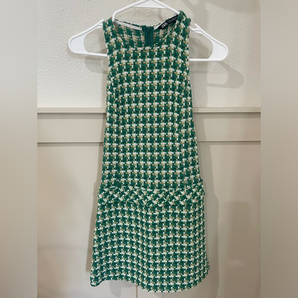 Zara Green and White Houndstooth Pinafore Mini Dress Blogger’s Favorite - Picture 5 of 12